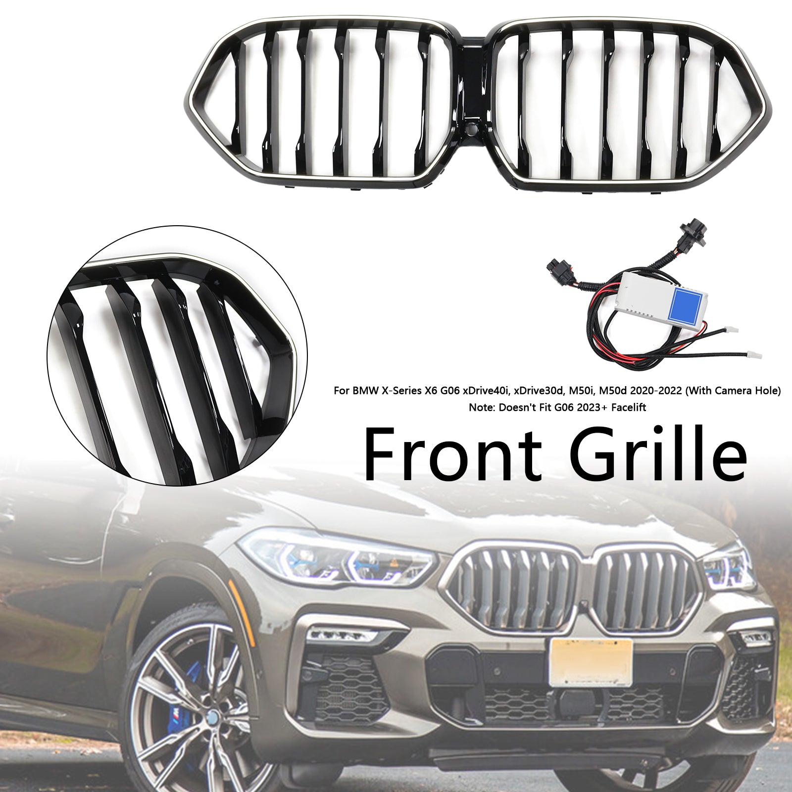 Black Front Bumper Grille Grill Fit BMW X6 G06 M50i 2020-2022 W/Camera Hole