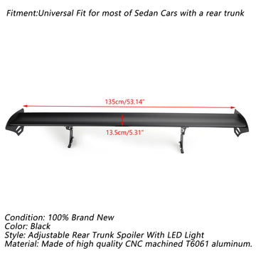 Universal Sedan Adjustable Aluminum Rear Trunk Wing Racing Spoiler With LED - 0