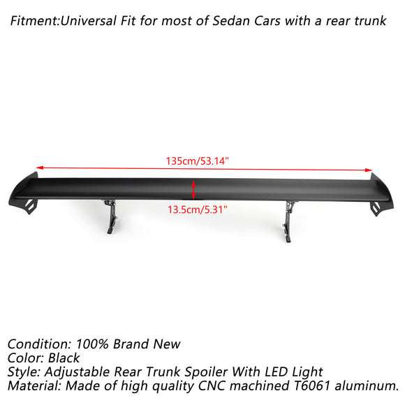 Universele sedan verstelbare aluminium kofferbakvleugel racespoiler met LED