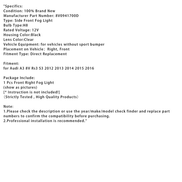 1 Uds. Lámparas de luz antiniebla delantera derecha con bombillas para Audi A3 8V Rs3 S3 2012-2016