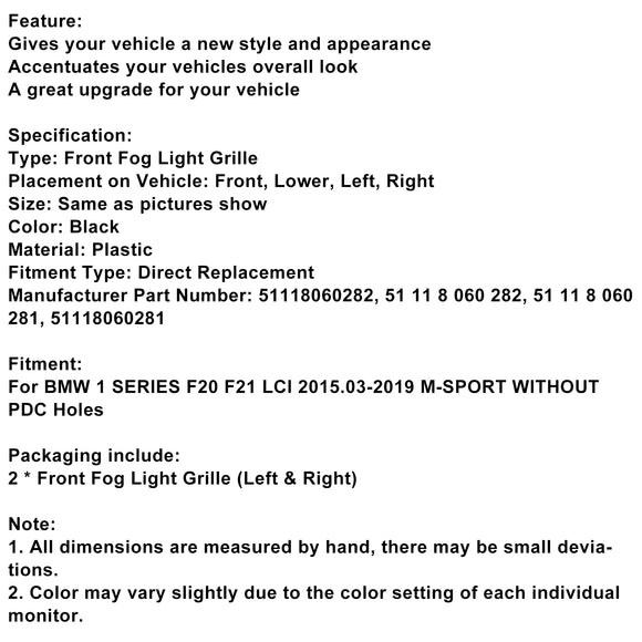 2 uds rejilla de cubierta de luz antiniebla compatible con BMW Serie 1 F20 F21 LCI M-Sport 2015-2019
