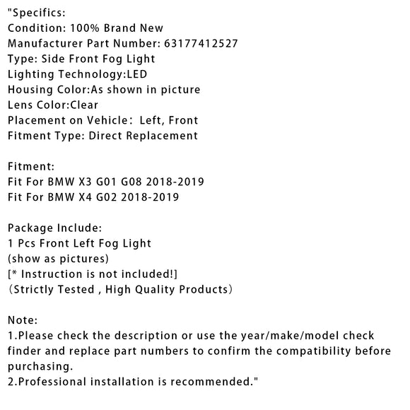 1 szt. LED przednie lewe światło przeciwmgielne dla BMW X3 G01 G08 X4 G02 2018-2019 63177412527