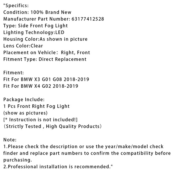 1 Stück LED vorne rechts Nebelscheinwerfer für BMW X3 G01 G08 X4 G02 2018–2019 63177412528