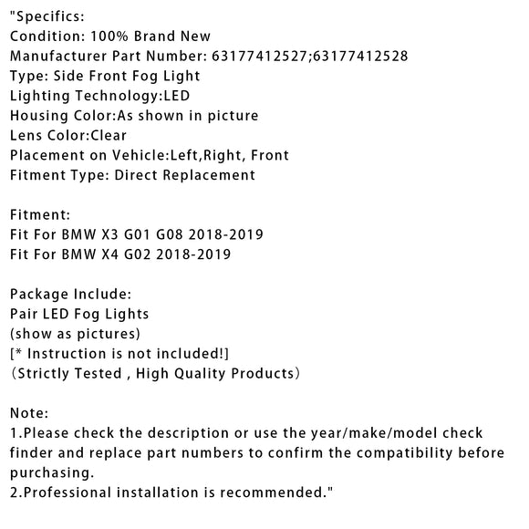 Par de luces LED antiniebla del parachoques delantero para BMW X3 G01 G08 X4 G02 2018-2019 63177412528