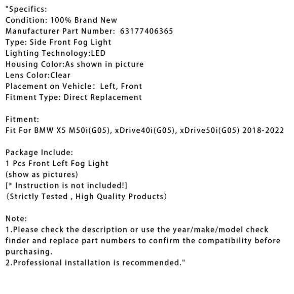 1 Uds. Luz antiniebla delantera LED izquierda para BMW X5 G05 2018-2022 63177406365
