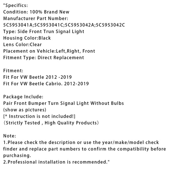 Par de luces intermitentes de parachoques delantero sin bombillas para VW Beetle 12-19 5C5953041A