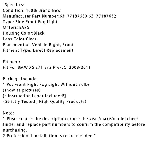 1 Uds. Lámparas de luz antiniebla delantera derecha para BMW X6 E71 E72 2008-2011 63177187630