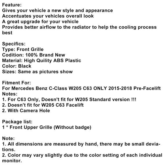 Griglia paraurti anteriore compatibile con Mercedes Benz W205 C63 2015-2018 Pre-restyling