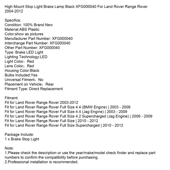 High Mount Stop Light Brake Lamp Black XFG000040 For Land Rover Range RoverVehicle Parts & Accessories, Car Parts, Brakes & Brake Parts!