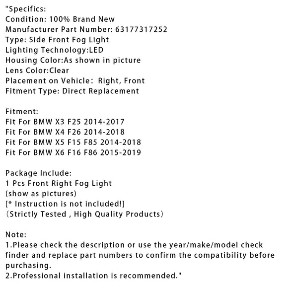 1 Uds. Luz antiniebla delantera LED para BMW X3 F25 X4 F26 X5 F15 X6 F16 63177317252