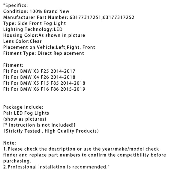 Paar LED Mistlampen Voor BMW X3 F25 X4 F26 X5 F15 X6 F16 63177317252