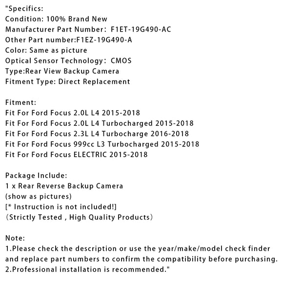 Telecamera di retromarcia posteriore Park Assist per Ford Focus 2015-2018 F1ET-19G490-AC