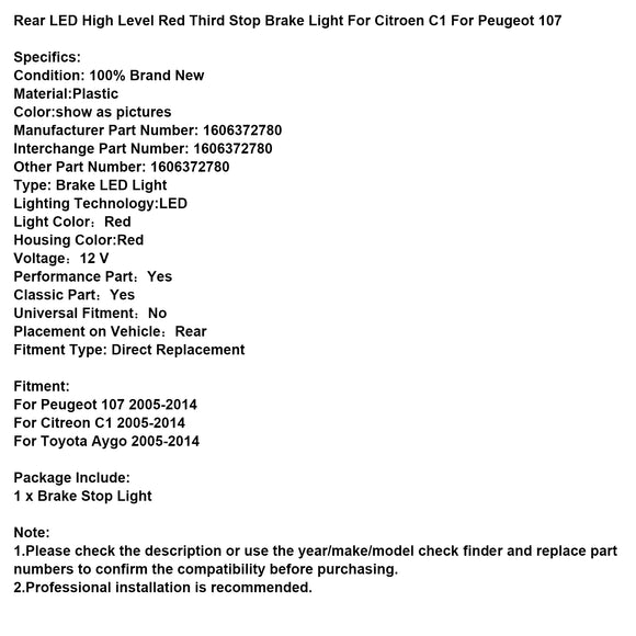 Luz de freno trasera roja de alto nivel, tercera parada, para Citroen C1, Peugeot 107