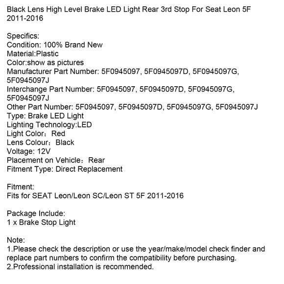 Zwarte lens hoog niveau rem LED-licht achter 3e stop voor Seat Leon 5F 2011-2016