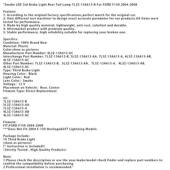 Luz LED de humo para tercera luz de freno, lámpara trasera 7L3Z-13A613-B para FORD F150 2004-2008