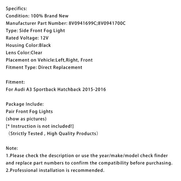 Paar mistlampen met lampen voor Audi A3 Sportback 8V0941700C 2015-2016