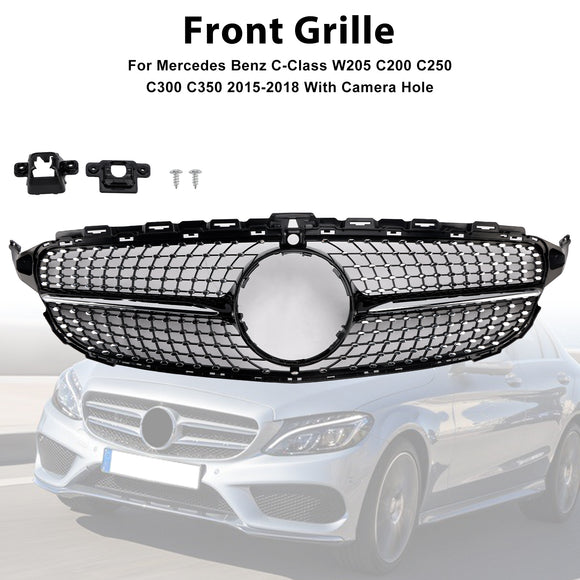 Parrilla delantera con diseño de diamante, compatible con Mercedes-Benz Clase C. W205 C250 C300 C400 2015-2018