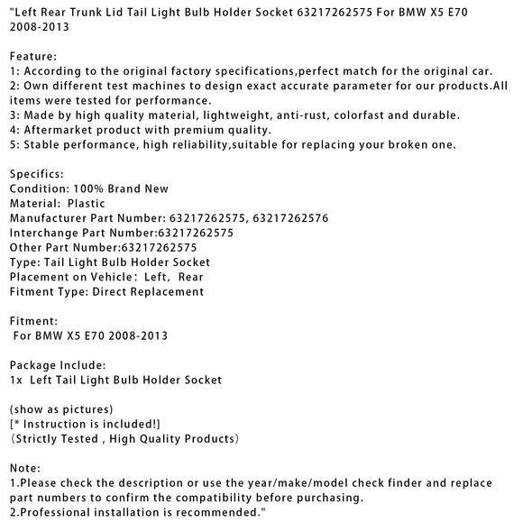 Vasen takaluukun takavalon polttimon kannatin BMW X5 E70 2008-2013