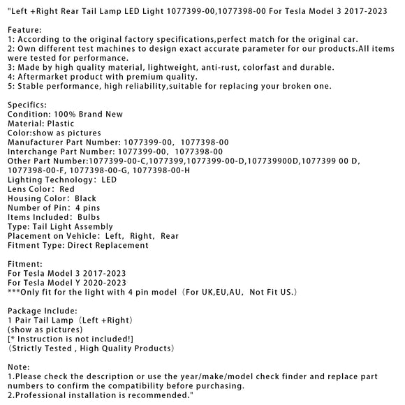 L+R takatakavalon LED-valo 1077399-00,1077398-00 Tesla Model 3 2017-2023