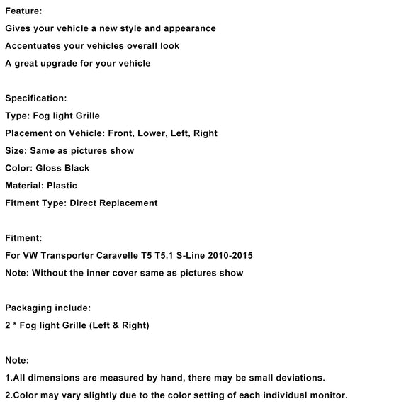 Nebelscheinwerfer-Lichtabdeckung, Gittereinsatz, passend für VW T5 T5.1 2010–2015, S-Linie, glänzend schwarz