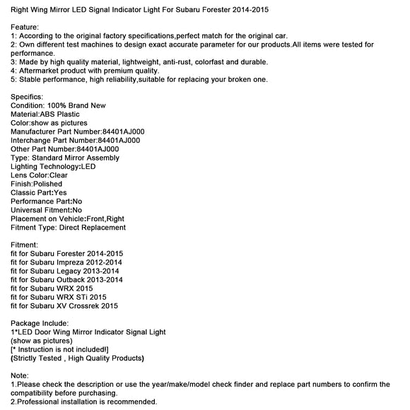Oikean siiven peilin LED-merkkivalo Subaru Forester 2014-2015