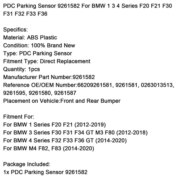 Sensor de estacionamento PDC 9261582 para BMW 1 3 4 Série F20 F21 F30 F31 F32 F33 F36