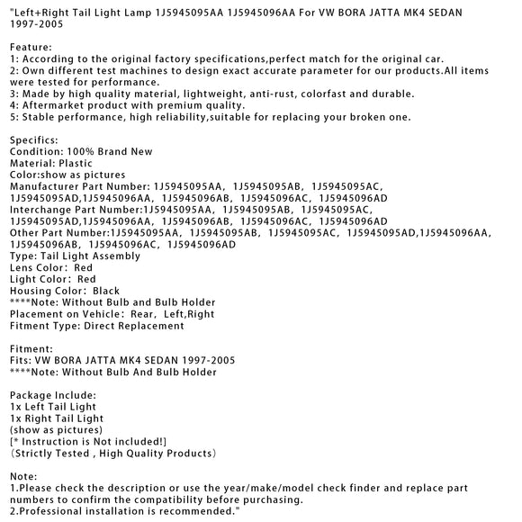 Lámpara de luz trasera izquierda + derecha 1J5945095AA 96AA para VW BORA JETTA MK4 SEDAN 97-2005