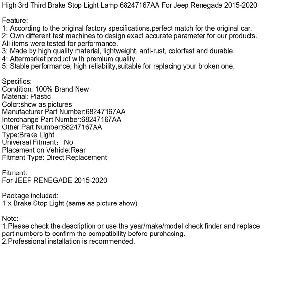 Korkea 3. kolmas jarrun jarruvalolamppu 68247167AA Jeep Renegade 2015-2020