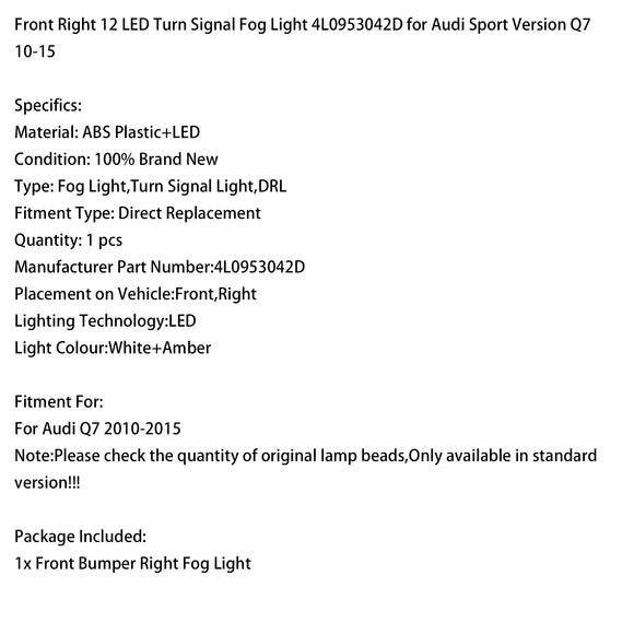 Luz antiniebla delantera derecha de 12 LED 4L0953042D para Audi Sport versión Q7 10-15