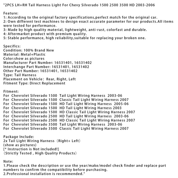 2kpl LH+RH takavaljaiden valo Chevy Silverado 1500 2500 3500 HD 2003-2006