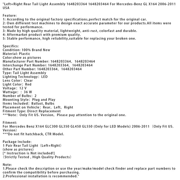 Rücklicht-Baugruppe links + rechts für Mercedes-Benz GL X164 2006–2011 USA