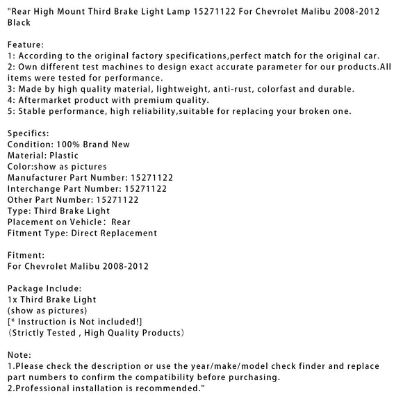 Achterste hoog gemonteerde derde remlichtlamp voor Chevrolet Malibu 2008-2012, zwart