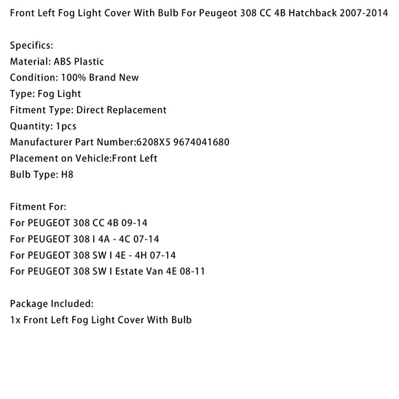 Vasen etusumuvalon suojus polttimolla Peugeot 308 CC 4B Hatchback 2007-2014