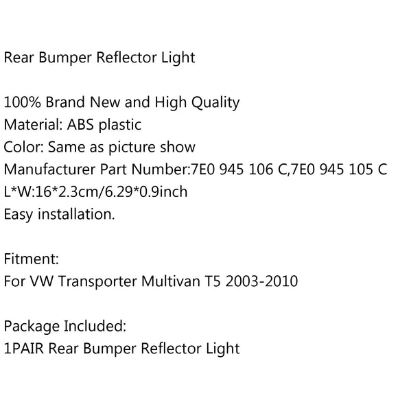 Hinten links + rechts Stoßstange roter Reflektor für VW Transporter Multivan T5 2003–2010