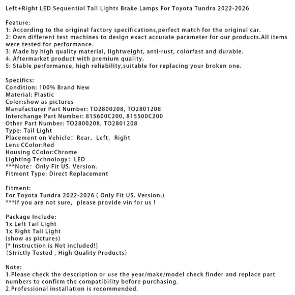 Vasen + oikea LED sarjatakavalot jarruvalot Toyota Tundra 2022-2026