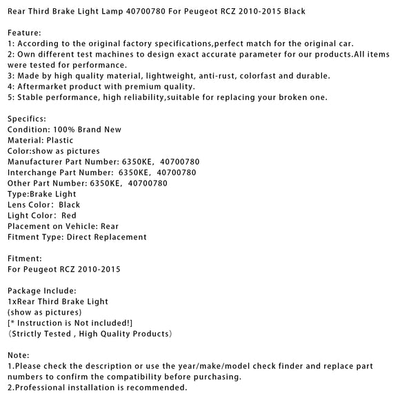 Tercera luz de freno trasera 40700780 para Peugeot RCZ 2010-2015 negro