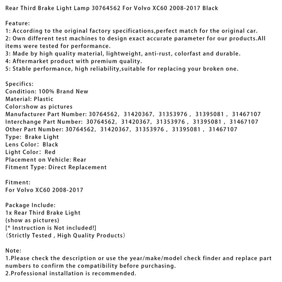 Achterste derde remlichtlamp 30764562 voor Volvo XC60 2008-2017 Zwart