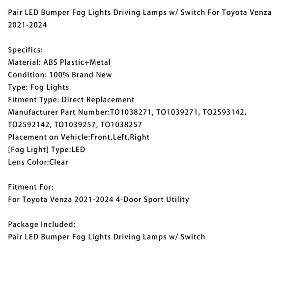 Paire de phares antibrouillard LED avec interrupteur, pour Toyota Venza 2021 – 2024