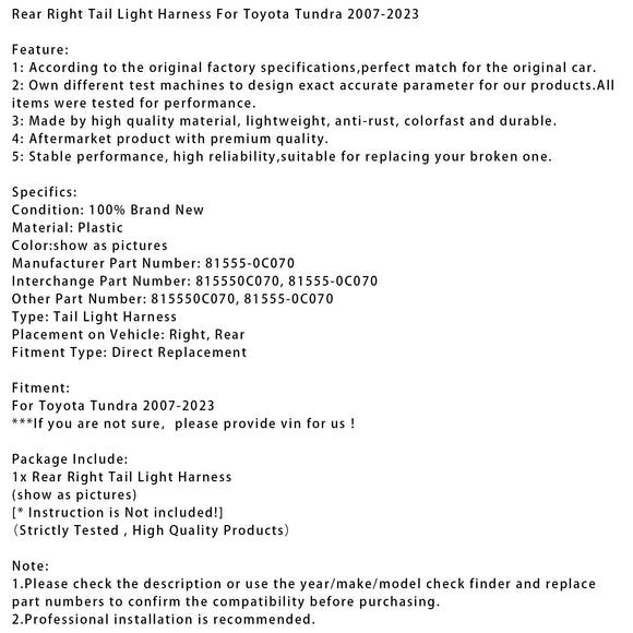 Arnés de luz trasera derecha para Toyota Tundra 2007-2023