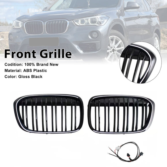 Parrilla frontal negra brillante para BMW X1 F48 F49 2016-2019 de doble línea