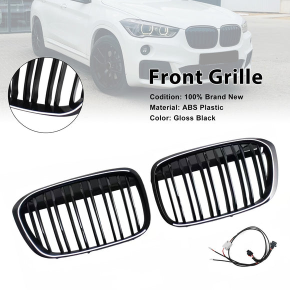 Parrilla frontal negra brillante para BMW X1 F48 F49 2016-2019 de doble línea