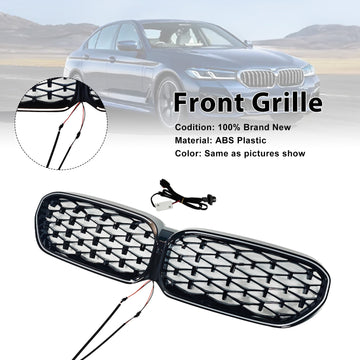 Diamond Front Kidney Grill Grille Fit BMW 5 Series G30 G38 2021-2024 Black - 0