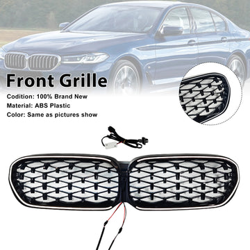 Diamond Front Kidney Grill Grille Fit BMW 5 Series G30 G38 2021-2024 Black