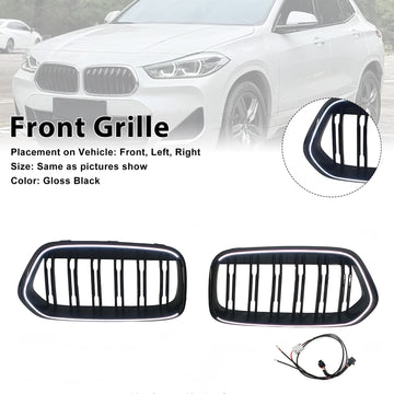 Black Front Bumper Grill Grille Fit BMW X2 Series F39 2018-2023 Double Slat