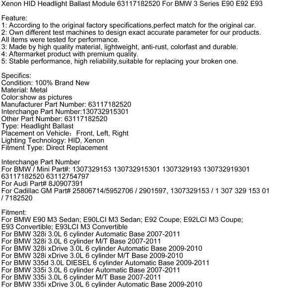 Xenon HID ajovalojen painolastimoduuli 63117182520 BMW 3-sarjan E90 E92 E93