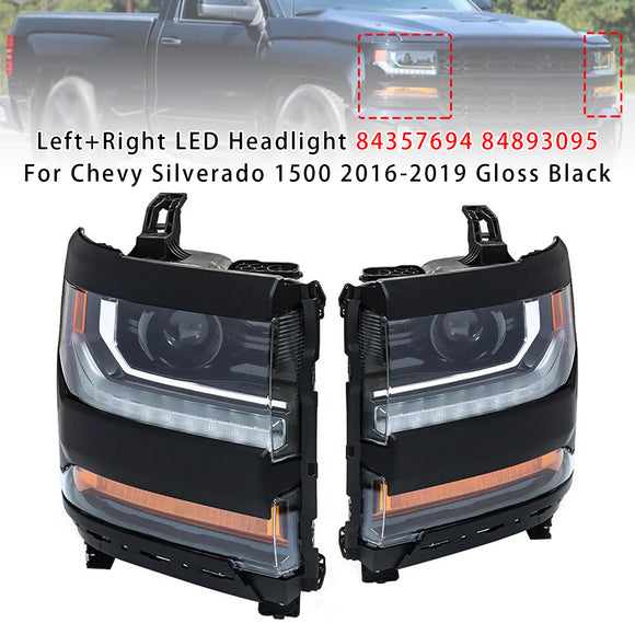 Vasen+oikea LED-ajovalo 84357696 84893098 Chevy Silverado 1500 2016-2019 kiiltävä musta kotelo