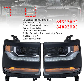 2016-2019 Chevy Silverado 1500 links + rechts LED-koplamp 84357696 84893098 Glanzend zwarte behuizing - 0