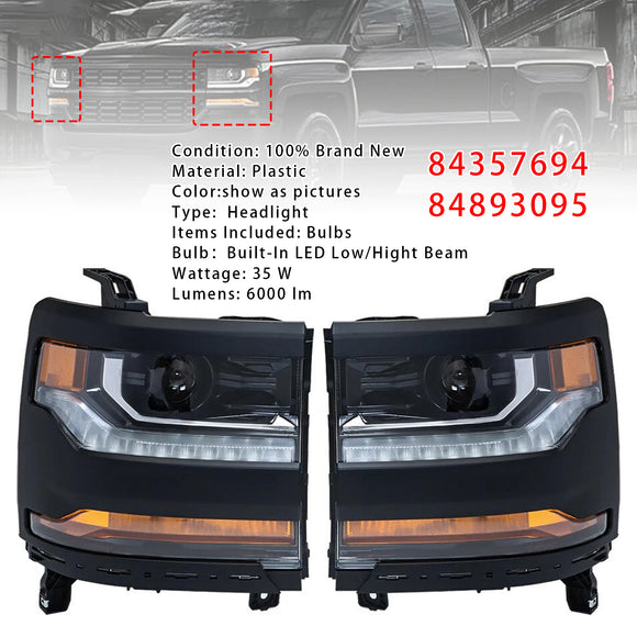 Vasen+oikea LED-ajovalo 84357696 84893098 Chevy Silverado 1500 2016-2019 kiiltävä musta kotelo