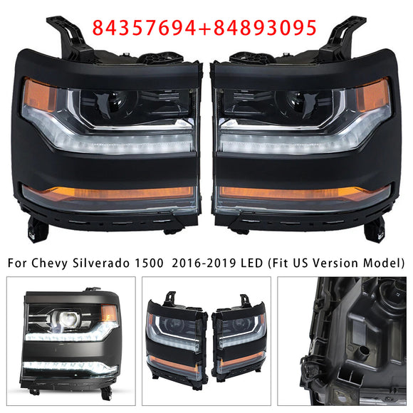 Vasen+oikea LED-ajovalo 84357696 84893098 Chevy Silverado 1500 2016-2019 kiiltävä musta kotelo