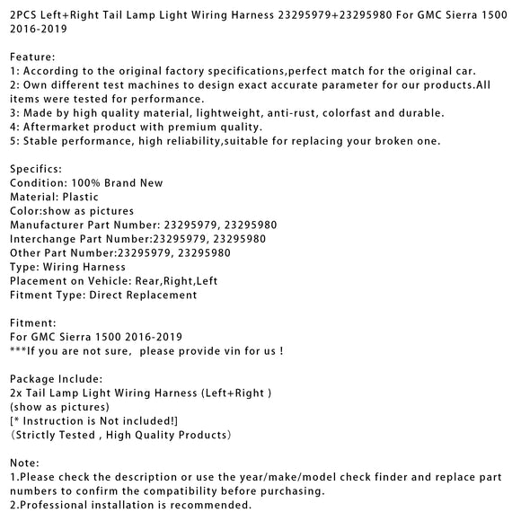 Arnés de cableado de luz trasera L + R, 2 uds., para GMC Sierra 1500 2016-2019